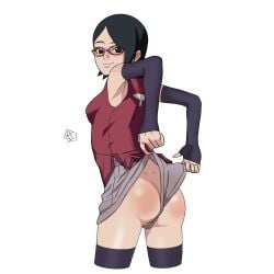 1girls aldwelter ass back_view black_hair black_socks boruto:_naruto_next_generations cropped_legs eyewear from_behind glasses lifted_by_self looking_back megane naruto naruto_(series) no_panties partially_visible_vulva petite pulled_by_self sarada_uchiha smile socks solo thigh_socks thighhighs uchiha_sarada upper_body wedgie