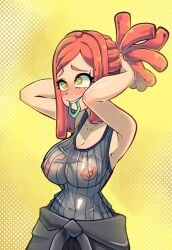 1girls blush boku_no_hero_academia breasts dreadlocks female_only hairtie hatsume_mei large_breasts mei_hatsume midriff my_hero_academia nipples ponytail putting_hair_back red_hair see-through short_hair solo sweat sweater_around_waist tank_top tying_hair tying_ponytail unusual_pupils yellow_eyes