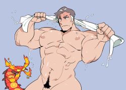 bara centiskorch grey_hair hokawazu kabu_(pokemon) male male_only muscles muscular nintendo nude penis pokemon pokemon_ss solo solo_male sweat sweating towel