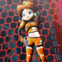 1girls 3d arm_behind_head ball blue_eyes breasts clothed clothing confident crown earrings female female_only flower_earrings ginger_hair gloves hand_on_hip highres legs light-skinned_female light_skin lips mario_(series) mario_strikers medium_breasts midriff model_pose navel nintendo orange_shirt orange_shorts orange_socks pose posing princess princess_daisy sensual short_hair short_shirt shorts smile soccer_uniform socks solo sportswear thick thick_hips thick_thighs thighs virtualblueam2 white_gloves