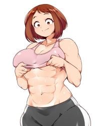 abs artist_request boku_no_hero_academia brown_hair brunette_hair muscular muscular_arms muscular_body muscular_female my_hero_academia ochako_uraraka presenting_abs shounen_jump uraraka_ochako