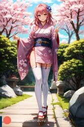 1girls ai_generated artsbuyu bangs blush cherry_blossoms hair_flower hi_res japanese_clothes kimono long_hair medium_breasts original original_character petals pink_hair pink_kimono platform_footwear purple_eyes shrine_maiden smile stable_diffusion standing thighhighs white_legwear white_thighhighs