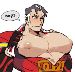 bara bara_tits big_pecs blush grey_hair hokawazu kabu_(pokemon) male male_only muscles muscular nintendo open_shirt pokemon pokemon_ss solo solo_male speech_bubble sweat sweating