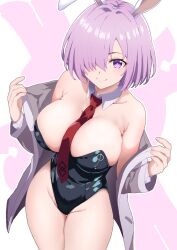 1girls animal_ears between_breasts big_breasts black_leotard blush bow bowtie breasts covered_navel curio_(curiofinity) detached_collar fake_animal_ears fate/grand_order fate_(series) female highleg highleg_leotard jacket large_breasts leotard light_purple_hair looking_at_viewer mash_kyrielight necktie necktie_between_breasts open_clothes open_jacket playboy_bunny purple_eyes rabbit_ears rabbit_tail short_hair smile solo strapless strapless_leotard tail tie tight_clothes wrist_cuffs