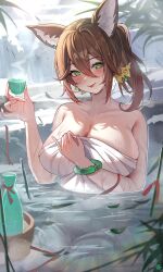 bathing big_breasts bracelet brown_hair covering_breasts drink fox_ears green_eyes hair_ornament holding_object honkai:_star_rail huge_breasts ponytail smile tansuan tingyun_(honkai:_star_rail) towel towel_only