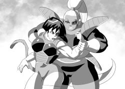 2girls alien ass big_ass big_breasts black_and_white bonyu breasts catfight dragon_ball dragon_ball_super dragon_ball_z dragon_ball_z:_kakarot female female_only fight fighting holding_arm huge_ass huge_breasts large_ass large_breasts overweight restrained restrained_arms ryona saiyan saiyan_armor scouter seripa short_hair size_difference tail thick thick_thighs thighhighs thighs tinted_eyewear tomboy vanbrand white_hair