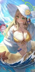 abydos_high_school_student arona's_sensei_doodle_(blue_archive) beach big_breasts bikini blonde_hair blue_archive blue_sky bracelet foreclosure_task_force_(blue_archive) green_eyes hat huge_breasts light_skin long_hair nonomi_(blue_archive) nonomi_(swimsuit)_(blue_archive) official_alternate_costume sensei_(blue_archive) starfish tansuan yellow_bikini