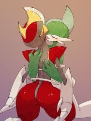 ambiguous_gender big_ass bisharp black_skin blush closed_eyes gallade grabbing green_hair green_skin holding_partner huge_ass hugging licking licking_neck pokemon pokemon_(species) smiling thick_thighs tongue_out