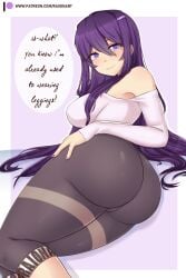 ass big_ass dark_hair doki_doki_literature_club fingernails hair_ornament hairclip hand_on_ass hand_on_butt hand_on_hip leggings long_hair looking_at_viewer lying_on_side nail_polish purple_eyes purple_hair purple_nails raionart shoulderless_clothing shoulderless_dress shoulderless_shirt shoulderless_topwear text text_bubble yuri_(doki_doki_literature_club)