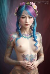 ai_generated anime_nose anime_style artist_name blue_hair color facepaint flower_in_hair flower_tattoo game_cg japanese japanese_clothes japanese_style kimono love nude nude_female pink_hair skin smile stable_diffusion tattoo tattoos