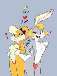 absurd_res anthro blonde_hair both_sexes_in_same_situation bow_ribbon breasts brown_body brown_fur buckteeth bugs_bunny bulge camel_toe clothed clothing duo female fur gloves grey_body grey_fur hair handwear heart hi_res ladymariane lagomorph leporid lipstick lola_bunny looney_tunes makeup male mammal markings mole_(marking) multicolored_body multicolored_fur pulling_thong rabbit teeth thong topless topless_female topless_male two_tone_body two_tone_fur underwear warner_brothers wig