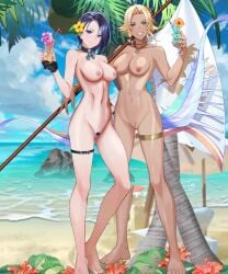 2girls alternate_costume bare_legs bare_shoulders barefoot beach blonde_hair blue_eyes blue_hair breasts catherine_(fire_emblem) catherine_(summer)_(fire_emblem) choker collarbone completely_nude dark-skinned_female dark_skin day drink edit female female_only female_pubic_hair fingerless_gloves fire_emblem fire_emblem:_three_houses fire_emblem_heroes flag glass gloves grin large_breasts legs looking_at_viewer multiple_girls naked_choker naked_gloves nintendo nipples nude nude_female nude_filter ocean official_alternate_costume outdoors ponytail pubic_hair purple_eyes pussy samuraijam34 sand shamir_nevrand shamir_nevrand_(summer) short_hair shoulders single_glove smile water