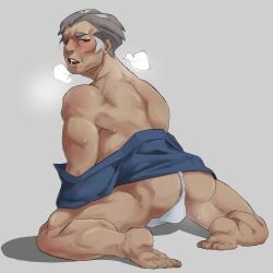 ass balls bara blush bulge fundoshi grey_hair kabu_(pokemon) looking_back male male_only muscles muscular musk nintendo on_knees penis pokemon pokemon_ss solo solo_male sweat sweating wanineko2001