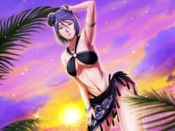 1girls beach big_breasts bikini blue_hair breasts cleavage curvaceous dusk konan looking_at_viewer midriff naruto naruto_(series) naruto_shippuden official_art orange_eyes outdoors posing revealing_bikini skirt solo solo_focus sunset swimsuit underboob voluptuous wet_skin wide_hips