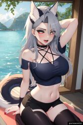 1female 1girls ai_generated beach big_breasts blush breasts female female_focus female_only helluva_boss human_loona kemono kemonomimi loona_(helluva_boss) red_sclera wolf_ears wolf_tail