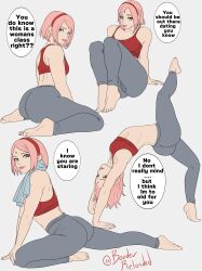 1girls ass barefoot big_ass borderreloaded boruto:_naruto_next_generations english_text feet female female_only flexible green_eyes haruno_sakura huge_ass human mature mature_female multiple_positions naruto naruto_(series) pink_hair sakura_haruno solo speech_bubble sports_bra talking talking_to_viewer text tight_clothing towel towel_around_neck workout_clothes yoga yoga_pants