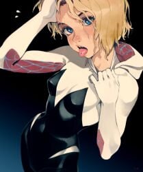 1girls athletic_female blonde_hair blue_eyes blush breasts budding_breasts cute eyebrow_piercing female female_only freckles fully_clothed gwen_stacy gwen_stacy_(spider-verse) looking_at_viewer marvel marvel_comics optionaltypo perky_breasts pierced_tongue piercing skintight skintight_bodysuit softcore solo spider-gwen spider-man_(series) teen teen_girl teenage_girl teenager tongue_out young young_female young_girl