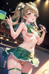 ai_generated drapes embarrassed exhibitionism love_live! love_live!_school_idol_project minami_kotori no_panties on_stage pussy revealing_clothes singing skirt solo_female thighhighs