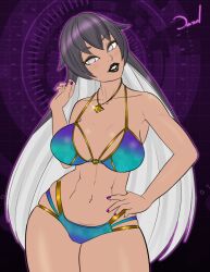 abs big_breasts bikini bikini_bottom bikini_top black_hair cleavage dazol esmeray eyeshadow humanoid jewelry large_breasts lipstick looking_at_viewer multicolored_hair painted_nails simple_background tagme toned toned_female white_eyes