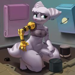 1futa anthro areolae balls blue_eyes bottomless breasts clothed clothing furry futa_only futanari kevinsano kneeling large_penis mostly_nude nipples penis ratchet_and_clank rivet_(ratchet_and_clank) silver_fur silver_hair smooth_penis solo