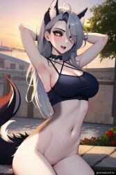 1female 1girls ai_generated bottomless breasts crop_top female female_focus female_only goth hands_behind_head helluva_boss human_loona loona_(helluva_boss) navel no_panties red_sclera smile smooth_skin solo solo_focus visible_pussy wolf_ears wolf_tail yellow_eyes