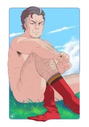 balls bara body_hair flaccid grey_hair kabu_(pokemon) male male_only muscles muscular nintendo penis pokemon pokemon_ss ring sitting socks solo solo_male sweat sweating topi5356