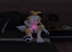 acetrace114 anthro bandai_namco black_sclera blue_eyes breasts canid canine digimon digimon_(species) feet female fur genitals looking_at_viewer mammal nipples nude pussy renamon renamon_(dogzeela) solo white_body white_fur yellow_body yellow_fur