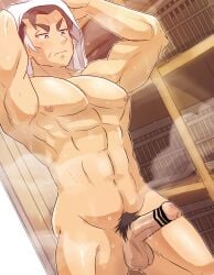 balls bara blush boner erection grey_hair kabu_(pokemon) male male_only muscles muscular musk nintendo nude penis pokemon pokemon_ss sawa-da solo solo_male sweat sweating towel