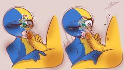 2boys blush countryhumans departamenthumans humanoid jalisco_(statehumans) male male_only multicolored_body multicolored_skin national_personification oral santiago_de_chile_(departamenthumans) statehumans yaoi yellow_body yellow_penis yellow_skin