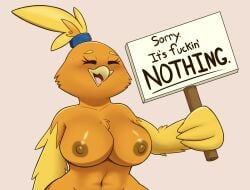 accessory anthro apology avian beak big_breasts blush bodily_fluids breasts closed_eyes digital_media_(artwork) feathers female generation_3_pokemon hair_accessory hi_res nintendo nipples nude pokémon_(species) pokemon pokemon_(species) sign simple_background smile solo sspore sweat text torchic