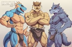 abs anthro brown_eyes bulge canid canine canis dinosaur dromaeosaurid epic_games fortnite group male mammal mumu202 muscular muscular_male pecs reptile scalie simple_background suid suina sus_(pig) tail theropod trio wild_boar wolf yellow_sclera