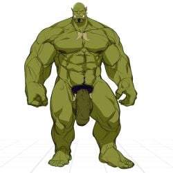 abs balls big_penis dizdoodz flaccid foreskin genitals green_body green_skin hi_res humanoid humanoid_pointy_ears male male_only muscular muscular_humanoid muscular_male nipples nude orc orc_male pecs penis pubes solo uncut