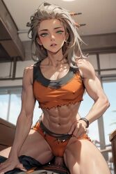 1boy 1girls ai_generated aigeneratedp looking_at_viewer muscular muscular_female pokemon pokemon_sv pov_eye_contact professor_sada_(pokemon) squatting straight