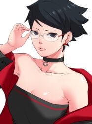 1girls aged_up asian asian_female bare_shoulders black_eyes black_hair boruto:_naruto_next_generations boruto:_two_blue_vortex breasts choker cleavage close-up clothed clothing collar dog_collar ear_piercing earrings female female_focus female_only fully_clothed glasses hi_res high_resolution highres jacket jewelry light-skinned_female light_skin lips lipstick looking_at_viewer makeup naruto naruto_(series) necklace pale-skinned_female pale_skin pink_lips pink_lipstick sarada_uchiha short_hair shounen_jump solo solo_female solo_focus spiky_hair teenage_girl teenager tomboy tubetop uchiha_sarada uchiha_symbol white_background zeros