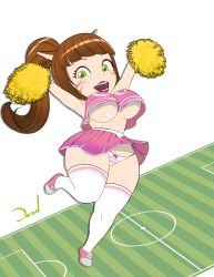 animal_ears big_breasts brown_hair cat_ears catgirl cheerleader cheerleader_outfit cheerleader_uniform dazol facial_markings final_fantasy_xiv football_field green_eyes huge_breasts humanoid legwear light-skinned_female light_skin long_hair looking_at_viewer miqo'te open_mouth pom_pom_(cheerleading) pom_pom_(clothes) pom_poms ponytail short_stack shortstack simple_background skirt skirt_lift stockings striped_panties tagme underboob