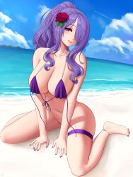 1girls all_fours alternate_costume alternate_hairstyle ankle_bracelets anklet bare_legs barefoot beach bikini bikini_top bottomless breasts camilla_(fire_emblem) cleavage clouds female female_only fire_emblem fire_emblem_fates flower grin hair_flower hair_over_one_eye kneeling large_breasts legs long_hair looking_at_viewer midriff nail_polish navel nintendo ocean outdoors ponytail purple_bikini purple_eyes purple_hair purple_nails purple_swimsuit rose_(flower) sideboob sky smile solo swimsuit thigh_strap untied untied_bikini untied_swimsuit wariza water zaphn