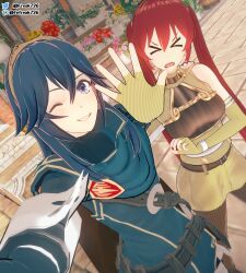 >_< 2girls 3d annoyed arm_around_neck blue_eyes blue_hair breasts cape elbow_gloves fefreak726 female female_only fingerless_gloves fire_emblem fire_emblem_awakening frown gloves hair_between_eyes hand_on_shoulder long_hair looking_at_viewer lucina_(fire_emblem) medium_breasts multiple_girls nintendo one_eye_closed outdoors reaching_out red_hair selfie severa_(fire_emblem) smile symbol-shaped_pupils taking_picture teasing tiara twintails very_long_hair wink