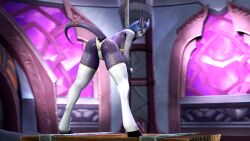 1girls 3d ass ass blue_eyes blue_hair breasts draenei hooves horn kaminakirei leotard lylly pantyhose pole_dancing purple_skin source_filmmaker stockings tail world_of_warcraft