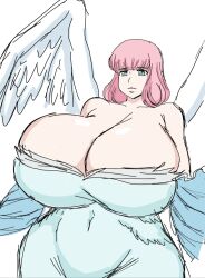 1girls angel_wings big_breasts breasts cleavage female female_focus female_only giant_breasts gigantic_breasts huge_breasts large_breasts massive_breasts momiji_(artist) nanatsu_no_taizai nerobasta pink_hair simple_background white_background wings