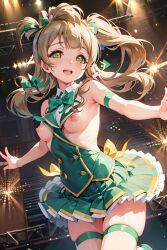 ai_generated breasts exhibitionism happy love_live! love_live!_school_idol_project minami_kotori nipples on_stage public_nudity revealing_clothes singing skirt thighhighs wardrobe_malfunction