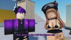 1boy 1girls 3d arsenal_(rolve) big_breasts bikini bikini_top dialogue english_text roblox roblox_game robloxian rolve tagme tattoo text woozwooz4