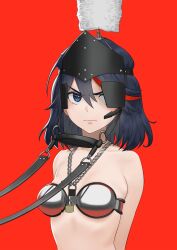 1girls arms_behind_back bdsm_gear bell_haircut bite_gag bondage bridle carlo_montie chain_leash chastity_bra female female_chastity female_only frown headgear kill_la_kill matoi_ryuuko ponygirl ponyplay short_hair unhappy_female