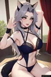 1female 1girls ai_generated female female_focus female_only helluva_boss human_loona lingerie loona_(helluva_boss) smooth_skin wolf_ears wolf_tail