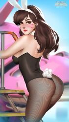 1girls 2023 2d 2d_(artwork) 2d_artwork artist_logo artist_name ass blush brown_hair bunny_ears bunny_ears_(cosmetic) bunny_tail bunnysuit d.va drawn female female_only long_hair looking_at_viewer overwatch pantyhose smiling smiling_at_viewer solo thepixelbuster