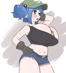 1girls big_breasts blue_eyes blue_hair blush breasts cap cleavage frogsnake gloves huge_breasts jean_shorts large_breasts nitori_kawashiro solo solo_female solo_focus sweat tank_top touhou