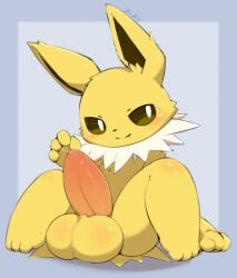 3_toes anthro balls bodily_fluids eeveelution feet fingers fisuku fur generation_1_pokemon genital_fluids genitals hi_res jolteon looking_at_viewer male nintendo penis pokemon pokemon_(species) precum solo toes yellow_balls yellow_body yellow_ears yellow_fingers yellow_fur yellow_legs yellow_toes