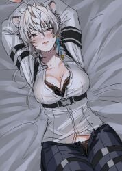 1girls 2023 arknights bed blush breasts cat_ears catgirl cleavage collarbone grey_eyes grey_hair hi_res hominamia light-skinned_female light_skin looking_at_viewer lying lying_on_back panties rule_63 short_hair silverash_(arknights) smile solo sweat underwear yavalley