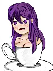 1girls artist_request blush breasts cleavage collarbone cup doki_doki_literature_club female female_only girl girl_only hair_intakes long_hair open_mouth purple_eyes purple_hair source_request tea_cup teacup unknown_artist unknown_source white_background yuri_(doki_doki_literature_club)