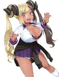 1girls aife_(zanamaoria) big_breasts blonde_hair brown_hair cleavage conto curved_horns demon_horns female female_only gyaru hair_on_horn hairclip hi_res horns long_hair looking_at_viewer open_mouth open_shirt pink_eyes pose request school_uniform sharp_teeth smiling smiling_at_viewer solo succubus tan_skin tanline twintails two_tone_hair white_background