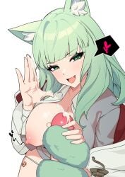 1boy 1girls 2023 animal_ear_fluff animal_ears arknights breasts cat_ears cat_tail catgirl cum ejaculation ett fluffy_tail green_eyes green_hair harmonie_(arknights) heart hi_res light-skinned_female light_skin long_hair masturbating nipples nude oerba_yun_fang open_mouth simple_background smile straight tail